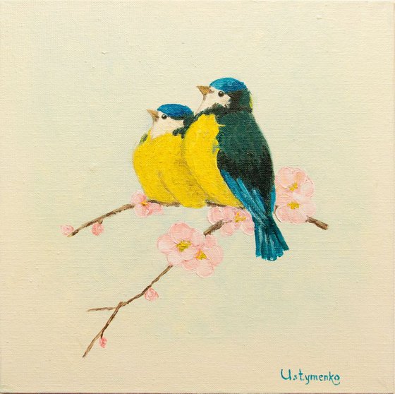 In love with spring. Birds. Oil painting