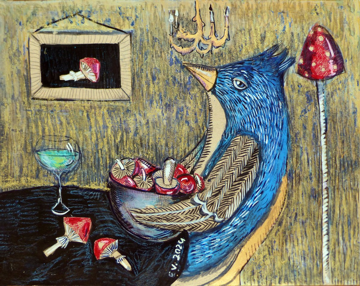 Surrealistic Animal Painting By Elizabeth Vlasova, 14 X 11, A Mushroom Discovery#2, Original Artwork
