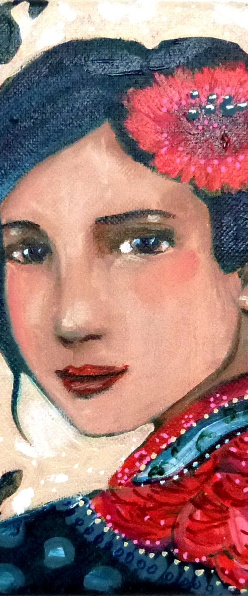 Chinese blue  20 x 20 cm. Asian woman with blue hair by Loetitia Pillault