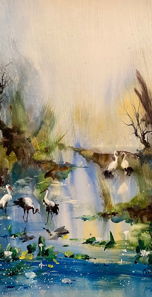 Sold Watercolor “Morning shower. Danube Delta” perfect gift by Iulia Carchelan