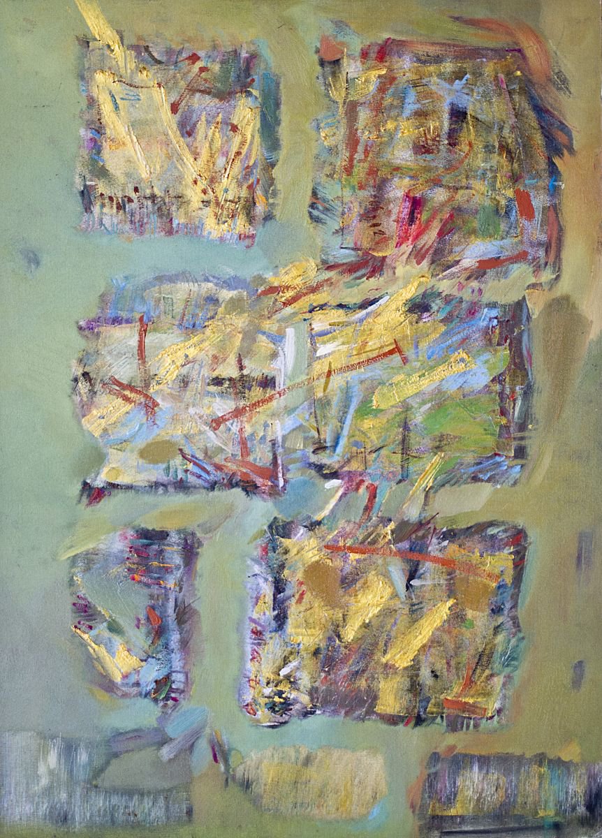 Geometric Abstract Oil Painting By Florina Breazu, 20 X 28, Mesage Ii, Original Artwork