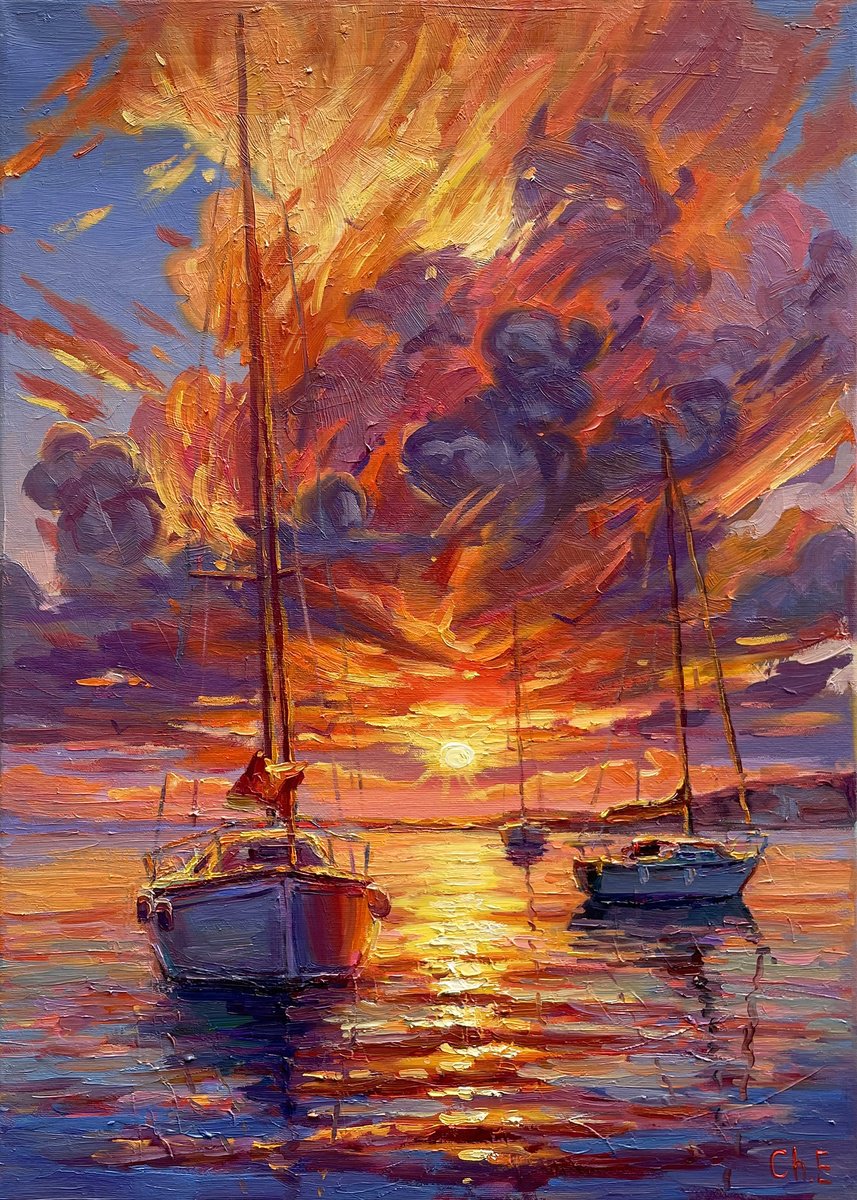 Sunset By The Sea By Evgeny Chernyakovsky, 20 X 27, Artwork For Sale On Artfinder