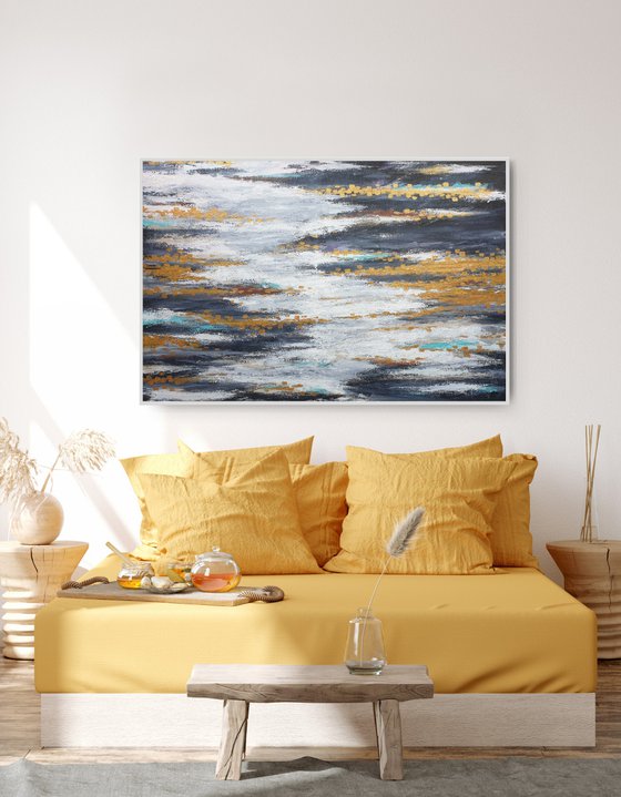 Large Abstract Gray and Gold Painting for Modern Interior Studio Abstract Acrylic Artwork