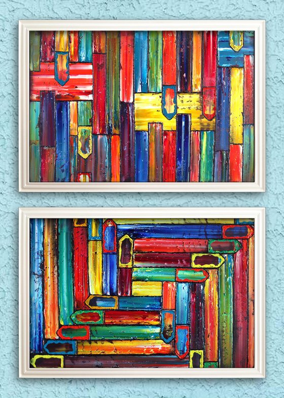 "No Direction" - Save As Series + FREE USA SHIPPING - Original PMS Abstract Diptych Oil Paintings On Recycled Wood - 80" x 28"