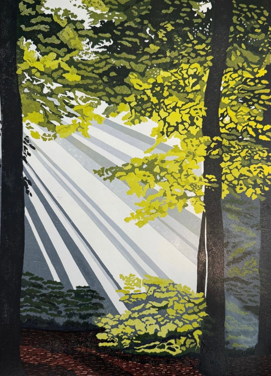 Impressionistic Landscape Linocut By Joanne Spencer, 12 X 15, Sunbeam Forest, Original Artwork