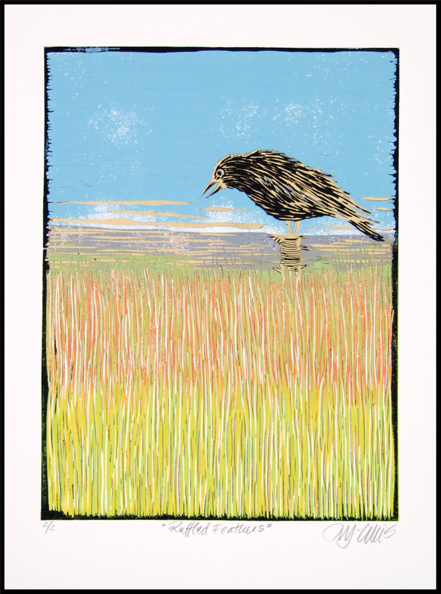 Ruffled Feathers, linocut reduction by Mariann Johansen-Ellis