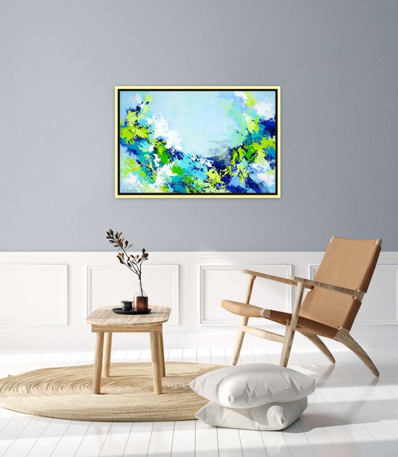 Large Abstract Painting on Canvas 3D with Texture. Bright Colors, Blue Green White Violet Red Turquoise Teal, Bold Modern Art with Brush Strokes