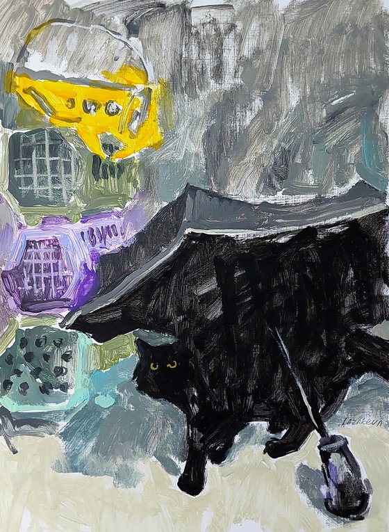 Black cat under an umbrella
