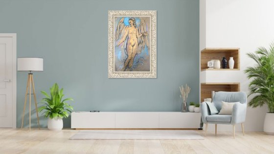 ANGEL - Graphics - Drawing - XL Large Nude Art - original painting drawing angel love gold beautiful female nude Paris architecture - Christmas gift