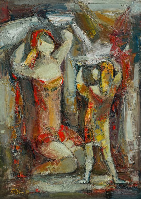 Game with mother 50x70cm, oil painting, ready to hang