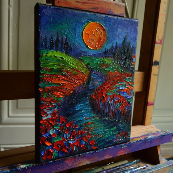 SUPERMOON AND POPPIES modern impressionist miniature palette knife oil painting on canvas