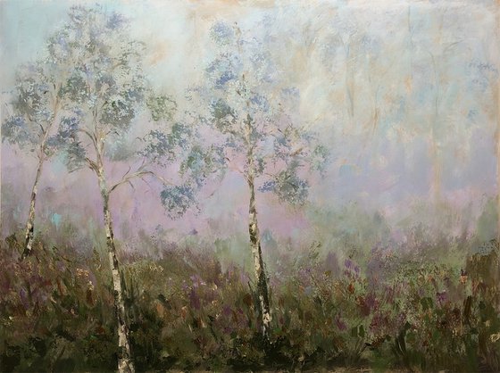 Birche trees in misty landscape