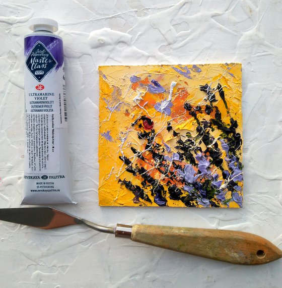 Lavender Painting Floral Original Art Ladybug Oil Impasto Artwork Flower Small Home Wall Art 4 by 4" by Halyna Kirichenko