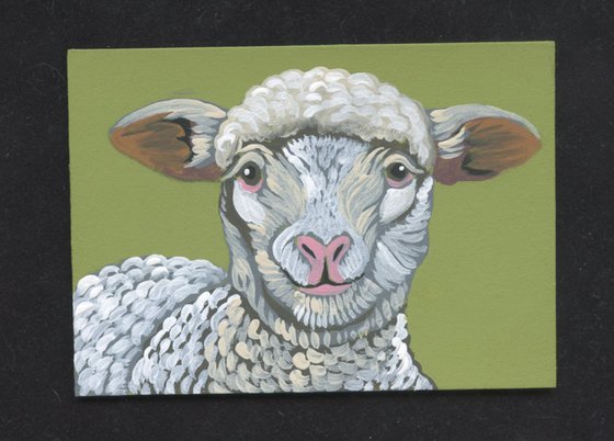 ACEO ATC Original Miniature Painting Lamb Farmyard Art-Carla Smale