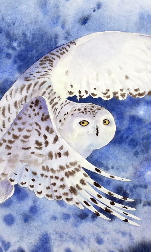 Snowy Owl at Dusk in a Snow St by Olga Beliaeva Watercolour