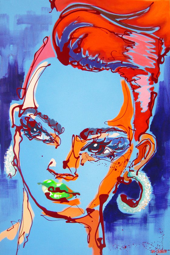 Vibrantly colorful, almost abstract woman portrait: "Ramnusia"  146 x 97 cm