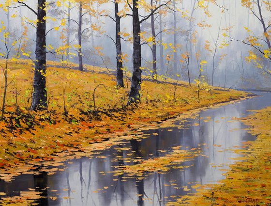Autumn Stream Reflections Gold Fall Scene