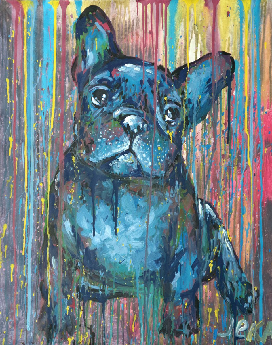 Impressionistic Animal Acrylic Painting By Eugene Gorbachenko, 28 X 35, French Bulldog, Original Artwork