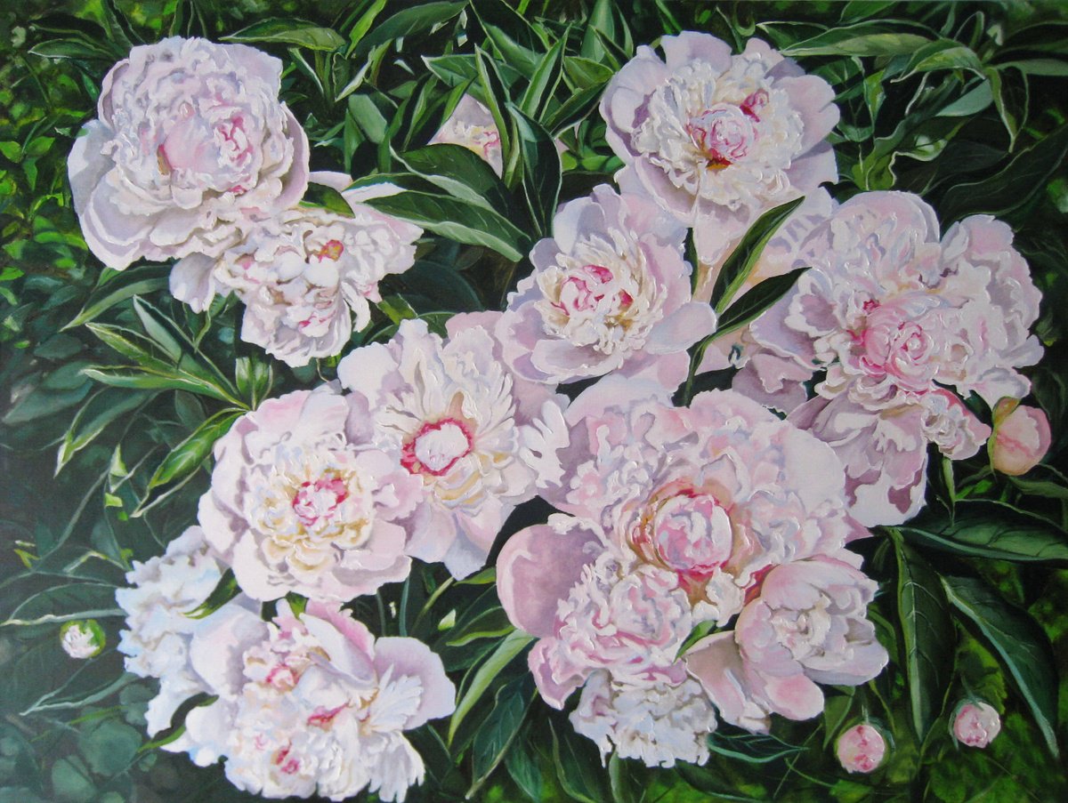 Impressionistic Botanical Oil Painting By Natalia Shaykina, 31 X 24", Sunlit Peony, Original Artwork