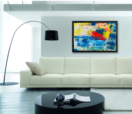 "Crystal Blue Persuasion" - Original PMS Large Abstract Acrylic Painting On Panel, Framed - 38" x 26"