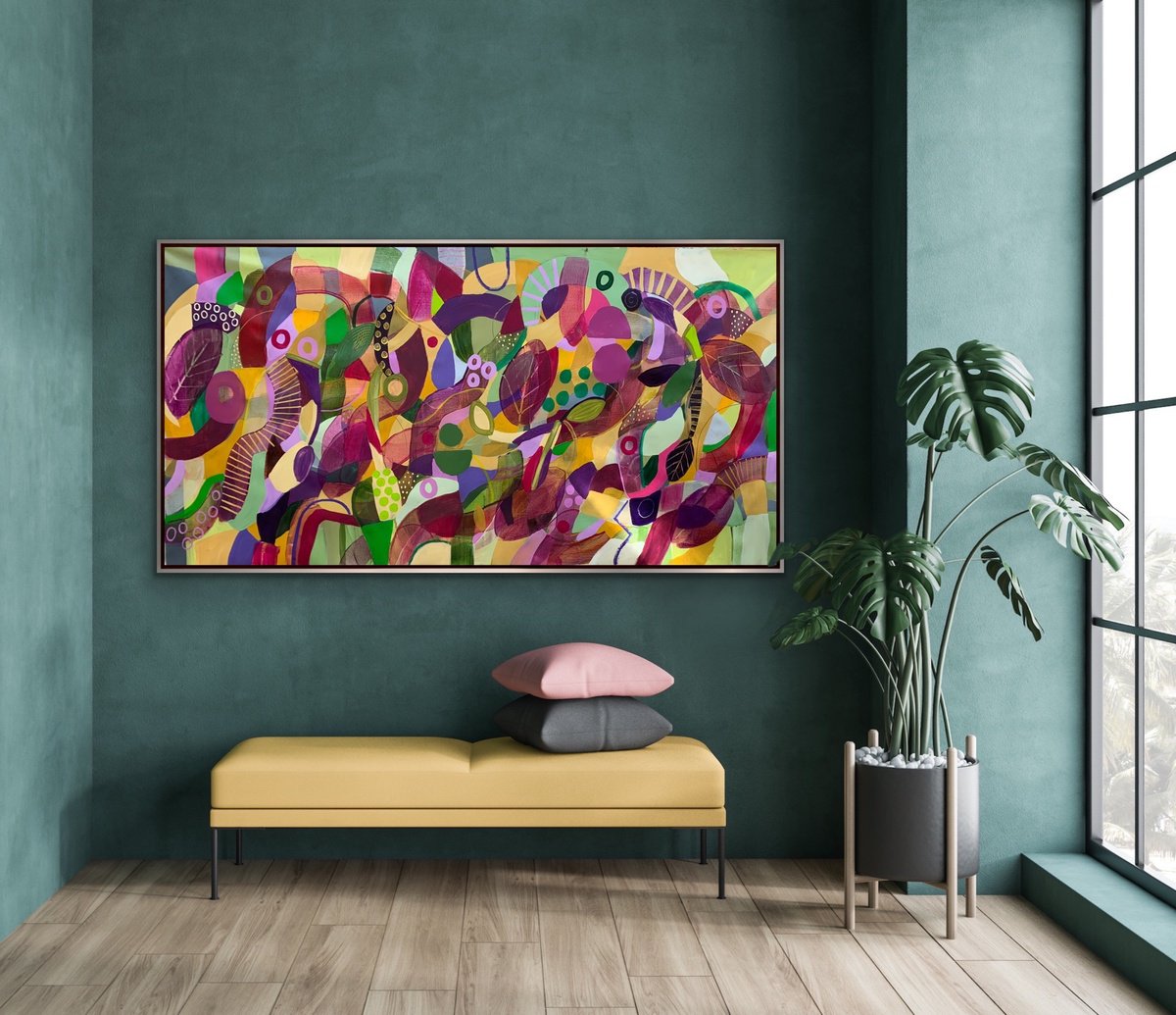 Organic Abstract Acrylic Painting By Rashna Hackett, 72 X 37", From The Verandah, Original Artwork