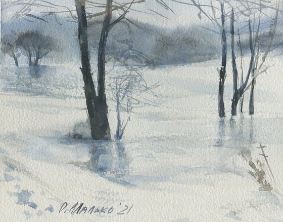 Snow and water. Winter surprise. Watercolor sketch 1 / Original landscape painting