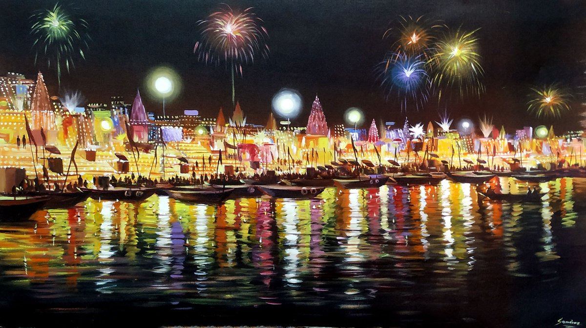 Impressionistic Cityscapes Acrylic Painting By Samiran Sarkar, 41 X 24", Festival Night Varanasi Ghats Ii, Original Artwork