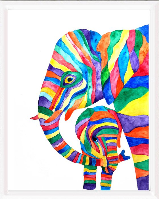 Family of elephants, watercolor art