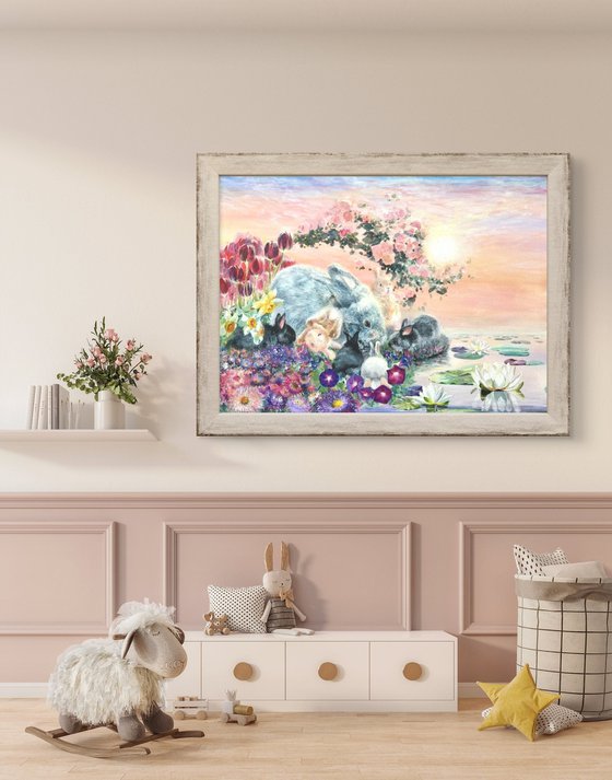 Floral garden with rabbits