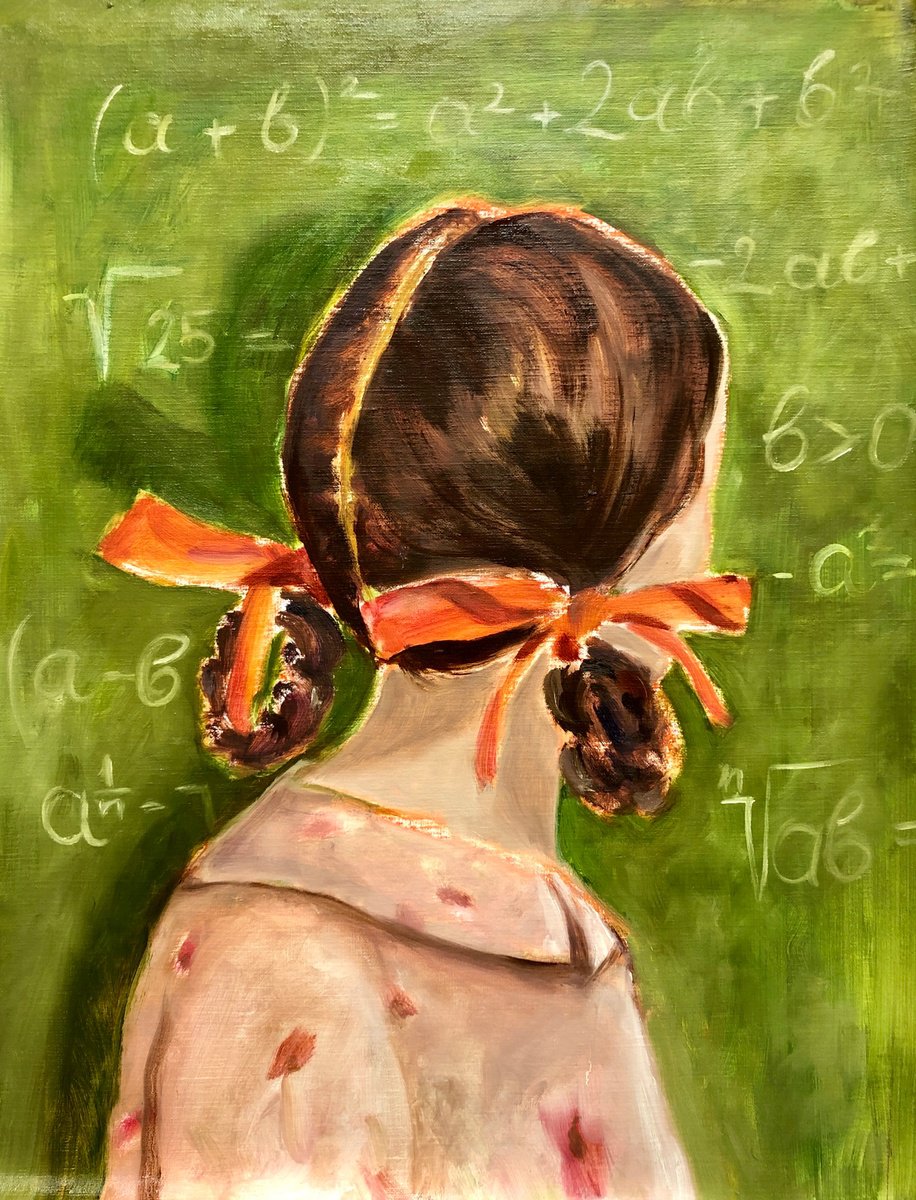 At the blackboard - faceless portrait, teenagers, pigtails girl by Alexandra Jagoda (Ovcharenko)