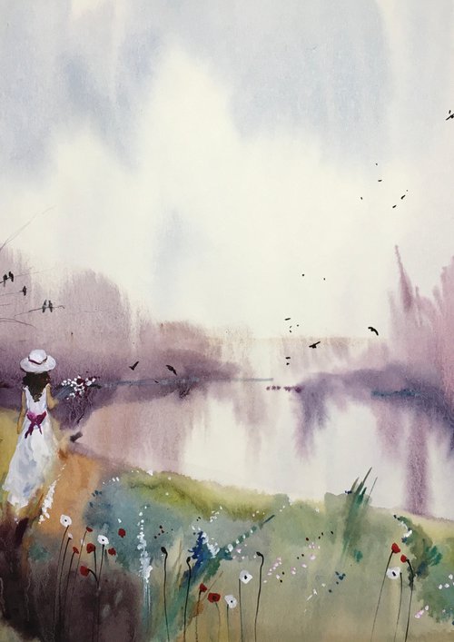 SOLD Watercolor "Lady in white” gift for her by Iulia Carchelan