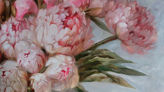 Peony painting, Extra Large floral oil paintings on canvas l, Peony flowers in white vase painting, Wide canvas wall art