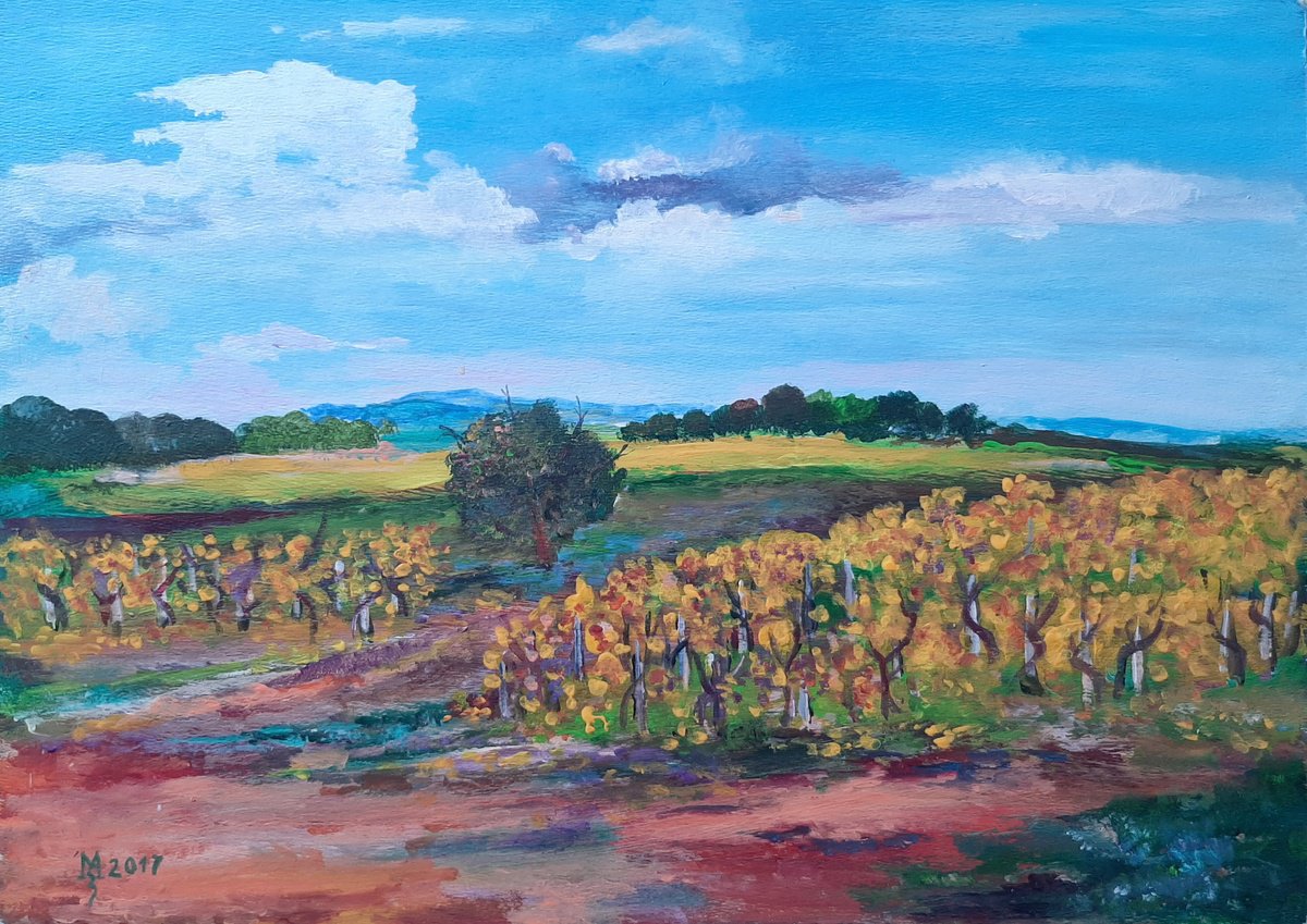 Impressionistic Landscape Acrylic Painting By Zoran Mihajlovic Muza, 14 X 10", Vineyard, Original Artwork