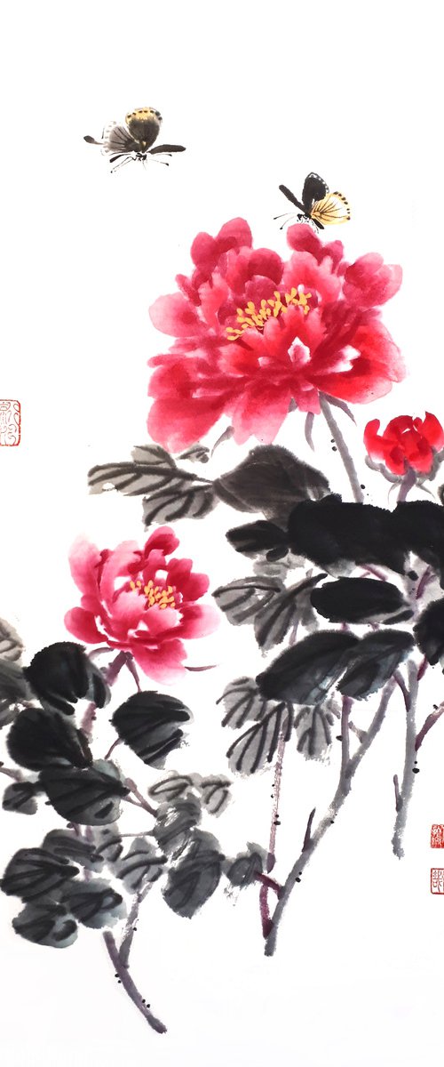 Peony and butterflies - Oriental Chinese Ink Painting by Ilana Shechter