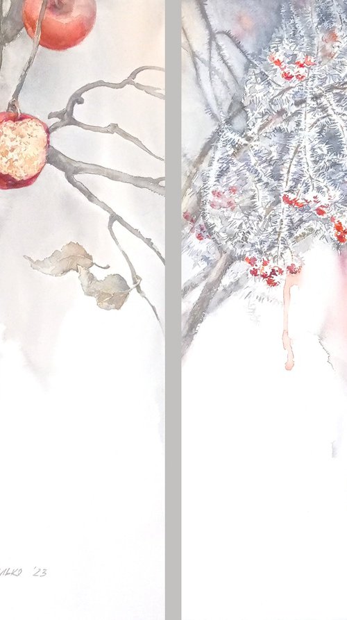 It seems like silence... (Diptych). The Broken Silence (The Bird that Broken the Silence). The Guelder-Rose Pigeon. ORIGINAL watercolor by Olha Malko