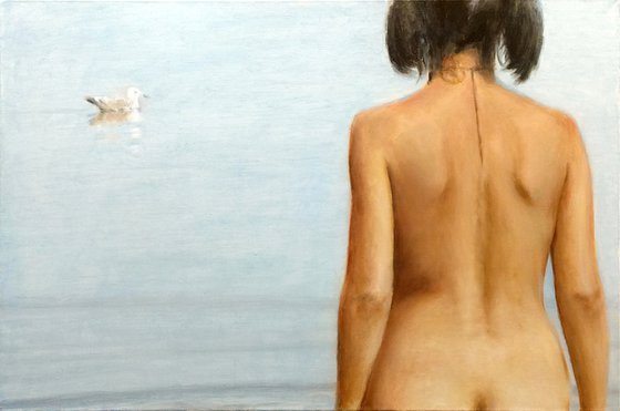 Silence - figurative painting of a woman going into the sea.