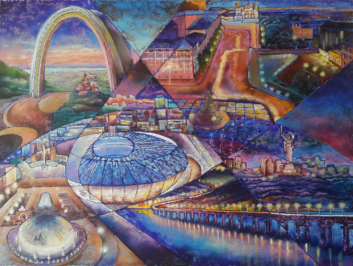 Abstract Oil Painting By Mary Voloshyna, 31 X 24", Kyiv At Night, Original Artwork