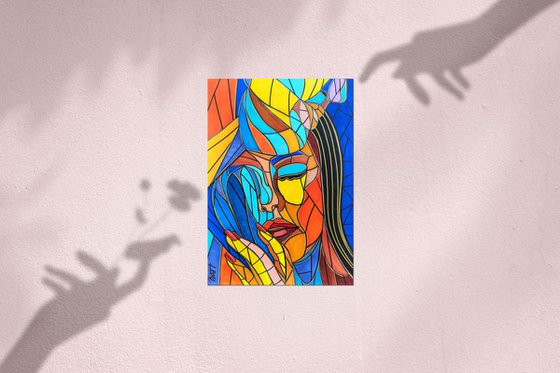 Woman & man abstract art in stained glass cubism style