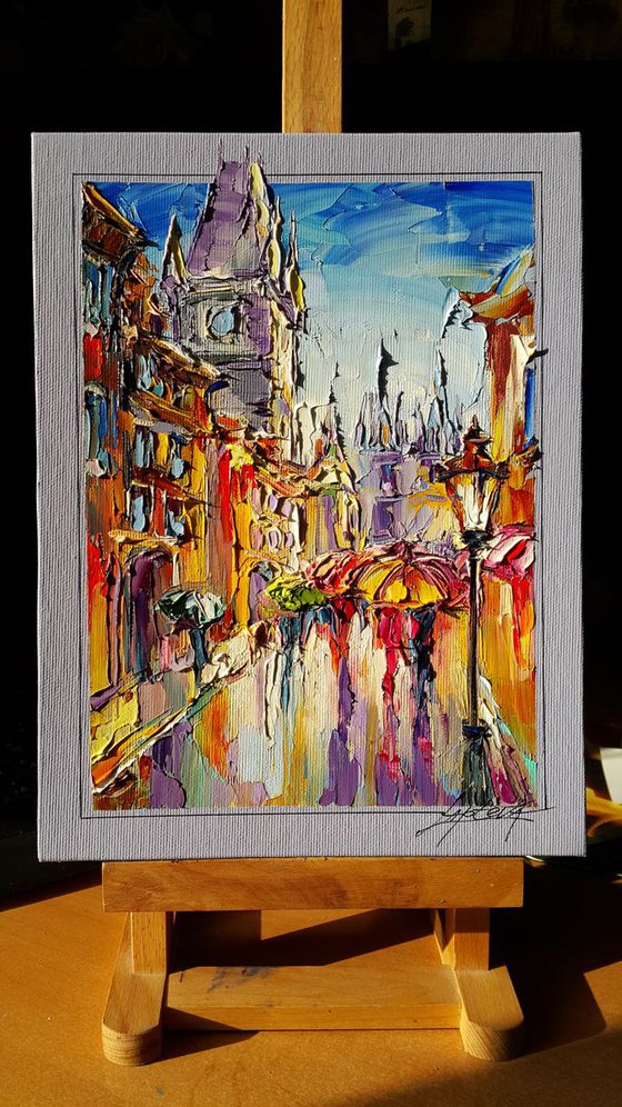 Сolorful umbrellas of Prague, cityscape oil painting, FREE SHIPPING