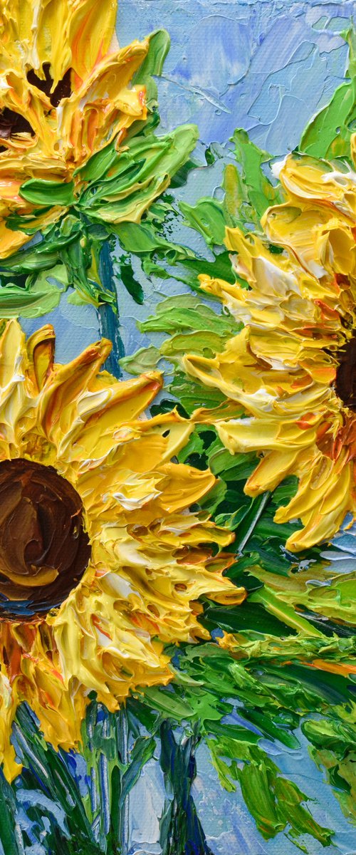 Sunflowers on Blue III - Original Floral Painting on Canvas, Palette Knife Art, Textured Impasto Artwork by Olga Tkachyk