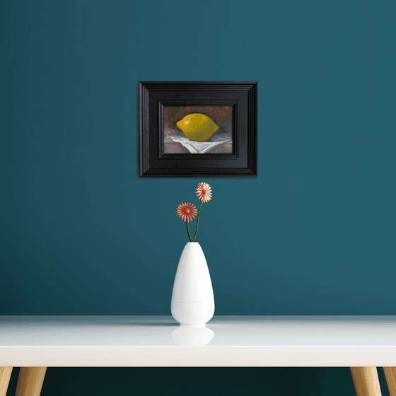 Lemon Still Life original oil realism painting, with wooden frame.