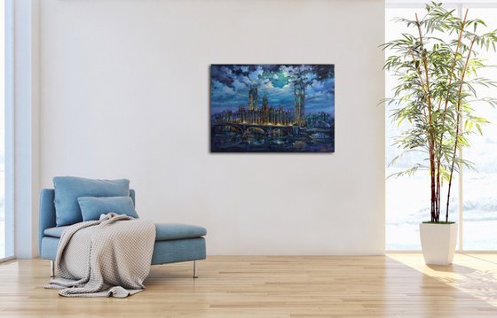 Moonlit Night - London, landscape original oil painting