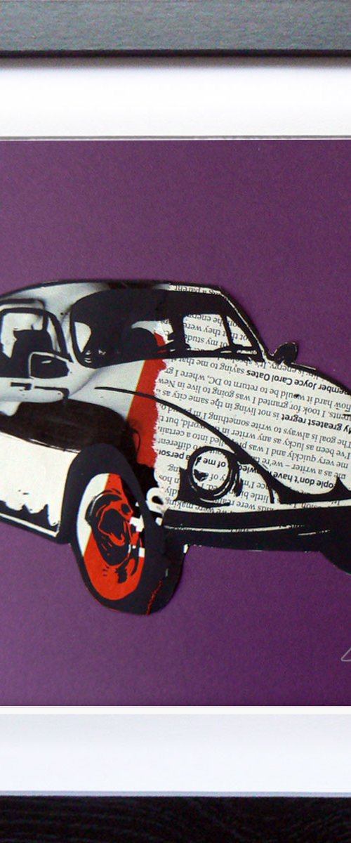 Framed collaged Beetle print (1960's - 1970's VW Beetle car - one of a kind - lino-print collage) by Carolynne Coulson