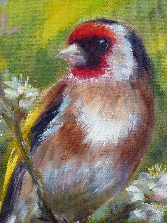 Garden Birds Goldfinch & Blooming Flowers Small Bird Nature Painting Wildlife