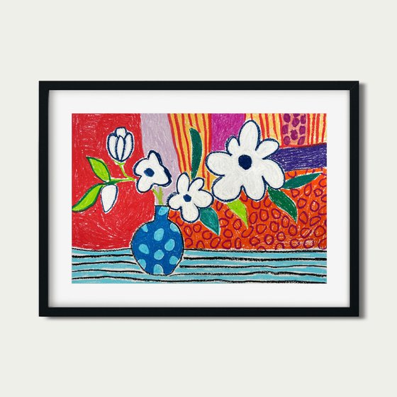 White Flowers in Blue Vase