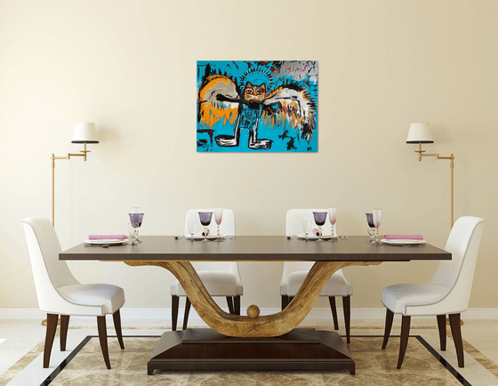 81x61cm Cat La Fallen Angel version of famous painting by Jean-Michel Basquiat