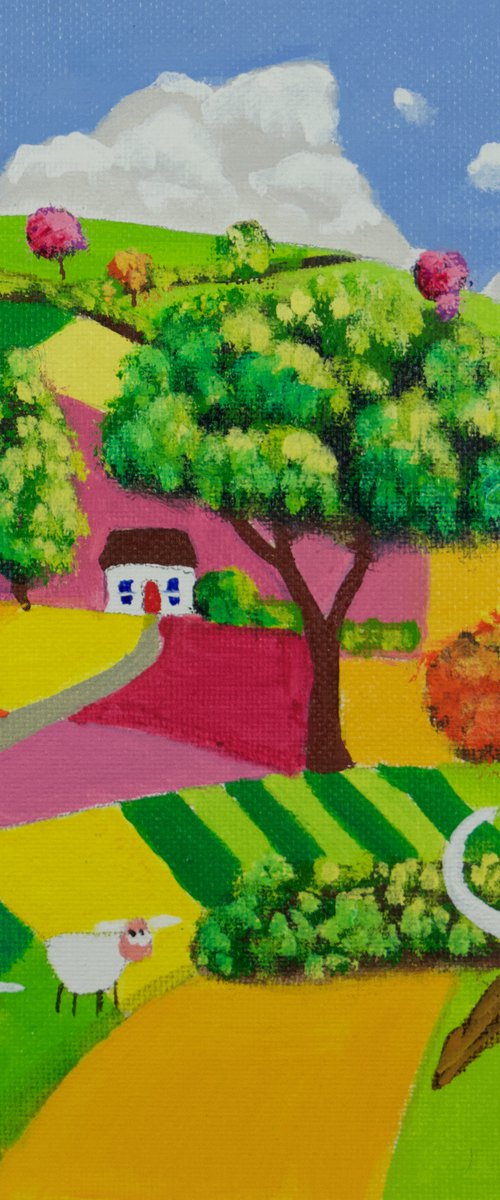 Highland cow folk art oil painting on panel by Gordon Bruce