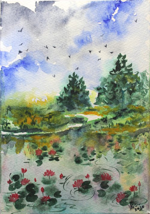Monet's garden of Lotus in Watercolours - Impressionistic - gift art - mini art - Lotus pond landscape by Vikashini Palanisamy