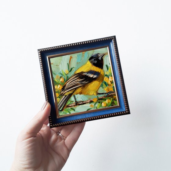 Audubon oriole bird small framed art oil painting original 4x4, Yellow bird on brunch thank you gifts