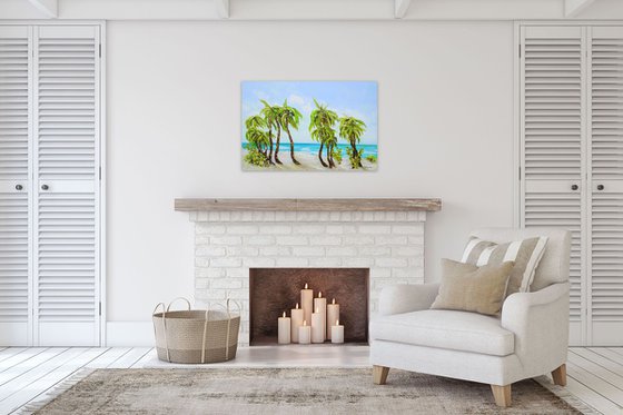 Large Abstract Seascape Painting. Palm trees. Beach, ocean, waves, sky with clouds, sailboats, sailing, yacht.